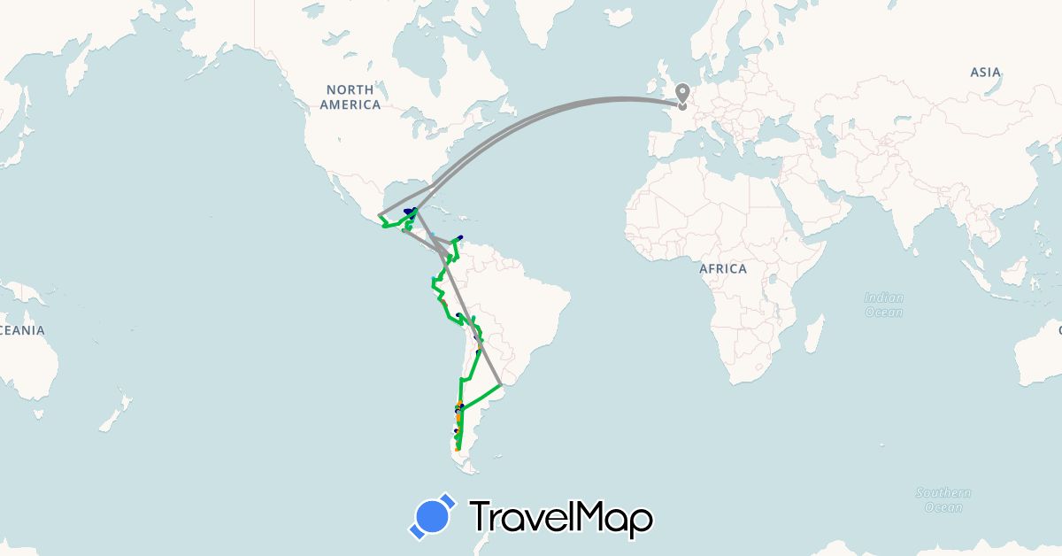 TravelMap itinerary: driving, bus, plane, hiking, boat, hitchhiking in Argentina, Bolivia, Belize, Chile, Colombia, Ecuador, France, Guatemala, Honduras, Mexico, Panama, Peru, United States (Europe, North America, South America)